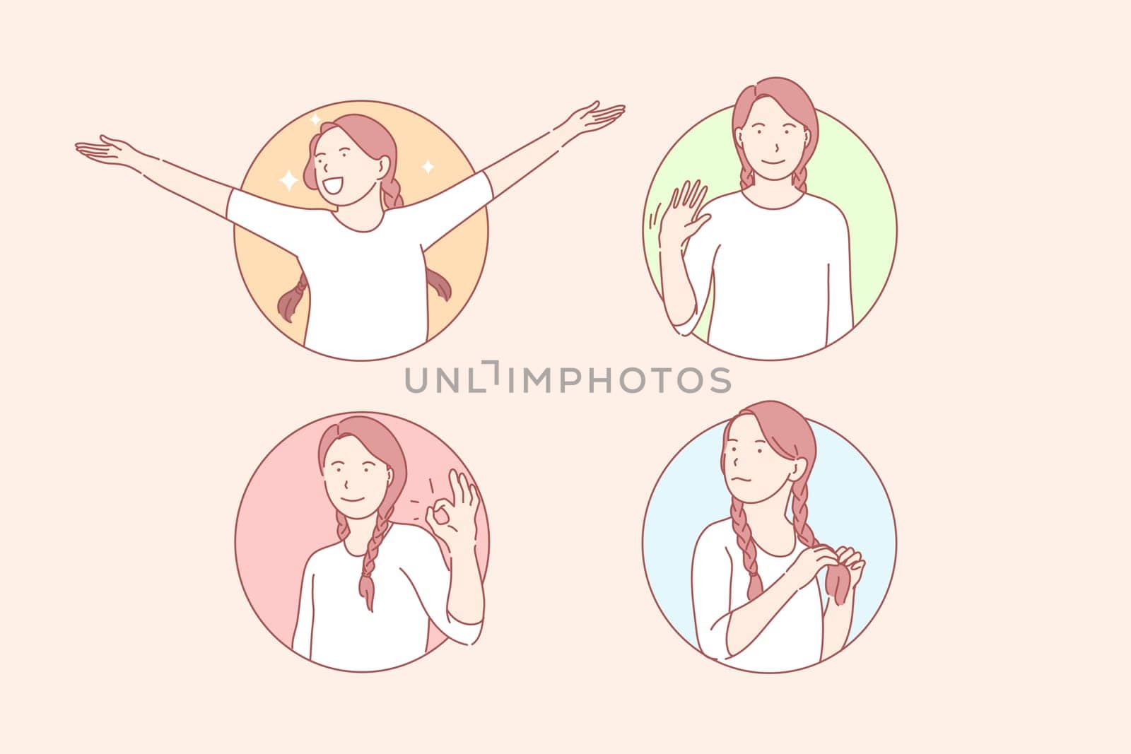 Happiness, approval, shy, greeting, set. Happy pleased satisfied, young woman. Approving, confirming girl. Greeting welcoming saluting teen Shy hesitating indecisive student simple flat vector