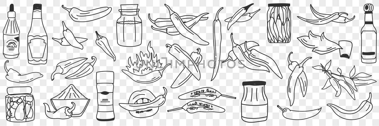 Cooked chilli pepper doodle set. Collection of hand drawn various types of cooked preserved pickled pepper hot and spicy for eating in rows isolated on transparent background