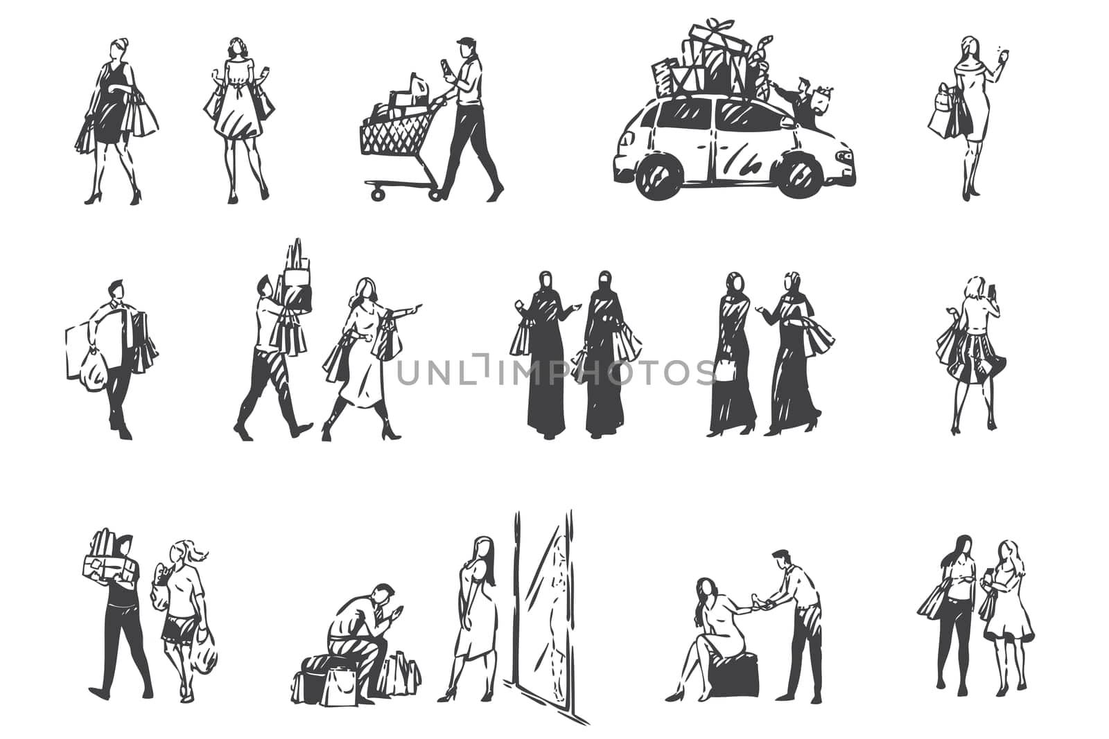Shopping day, people making purchases concept sketch. Total sale, discount, Arab women carrying shopping bags, couples and friends buying up together set. Hand drawn isolated vector