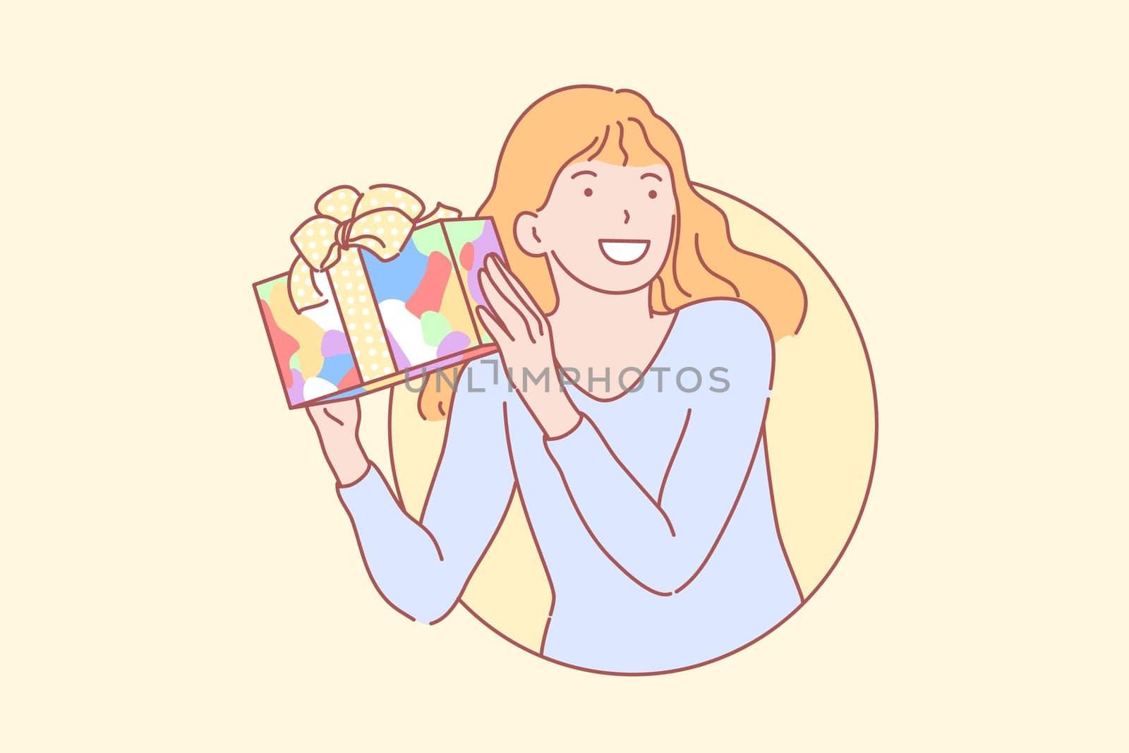 Birthday, gift, happiness, surprise concept. Happy girl getting colorful present. Young excited schoolgirl guessing gifted souvenir. Pleased lady surprised in birthday celebration flat simple vector.