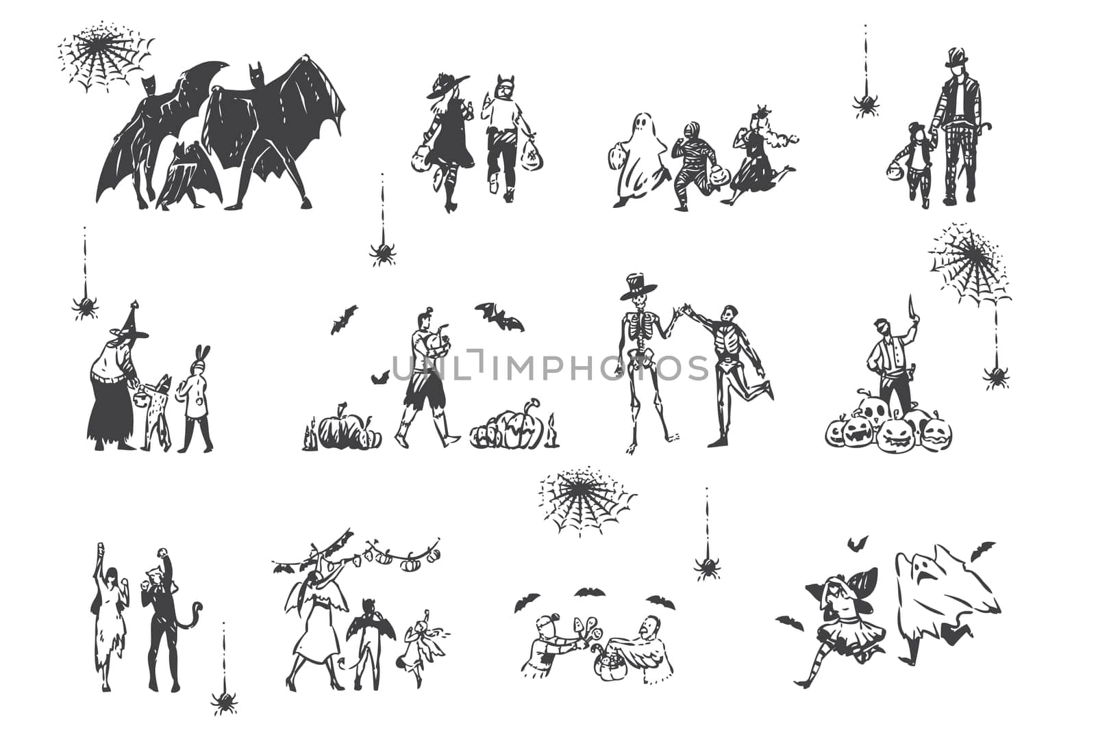 Halloween, people in fancy dress concept sketch. Autumn traditional holiday, scaring people, adults and children in horrific costumes entertaining together set. Hand drawn isolated vector