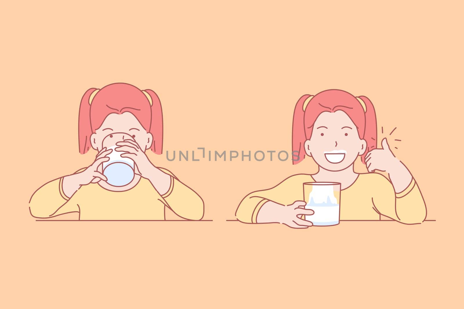 Food, health, childhood, diet concept. Pleased young happy girl drinking tasty, vitamin, natural beverage for breakfast in preschool with appetite. Healthy child food lifestyle. Flat simple vector.