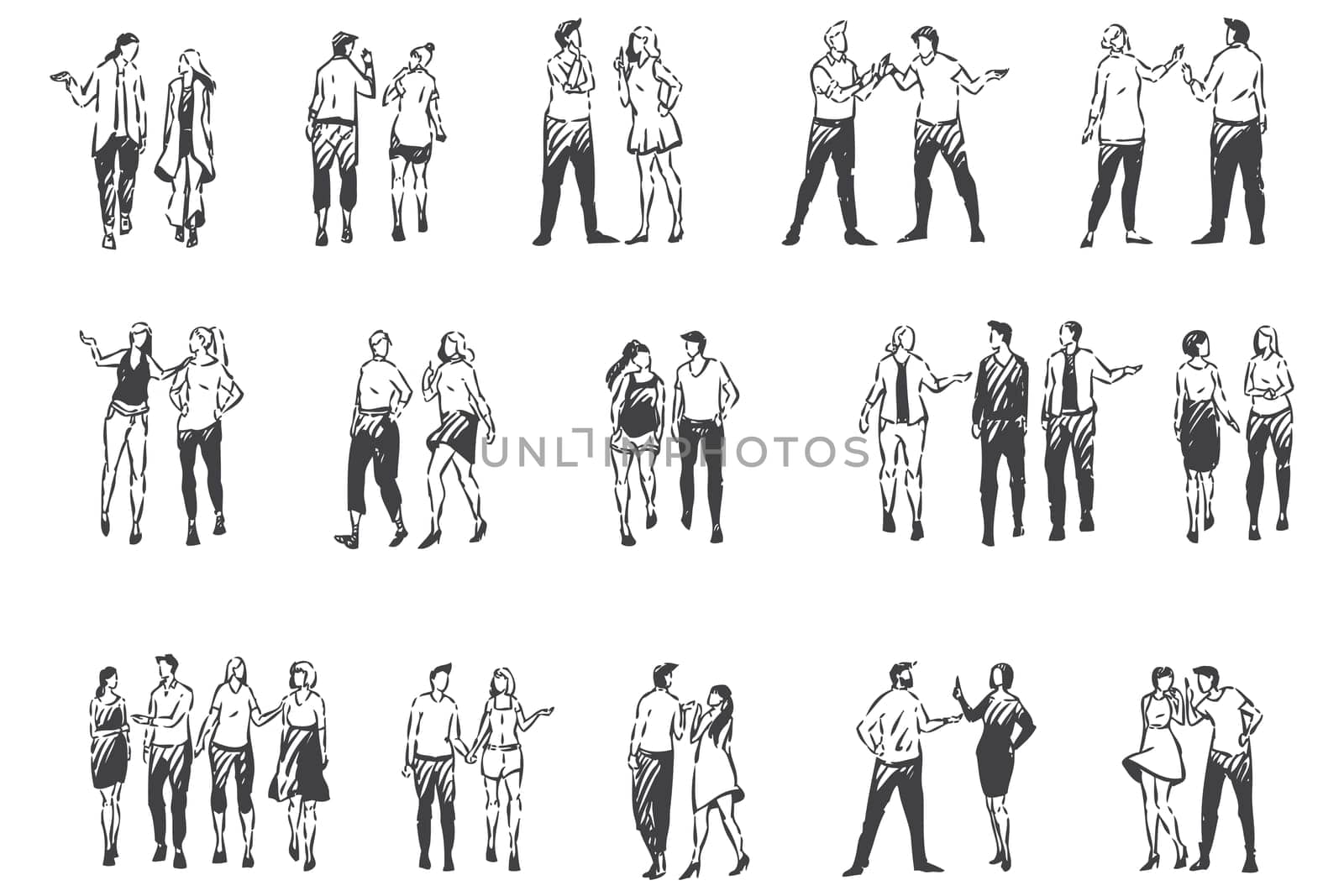People communicating and walking outside concept sketch. Warm season, sunny weather, men and women sauntering, friends and couples strolling outdoor together set. Hand drawn isolated vector