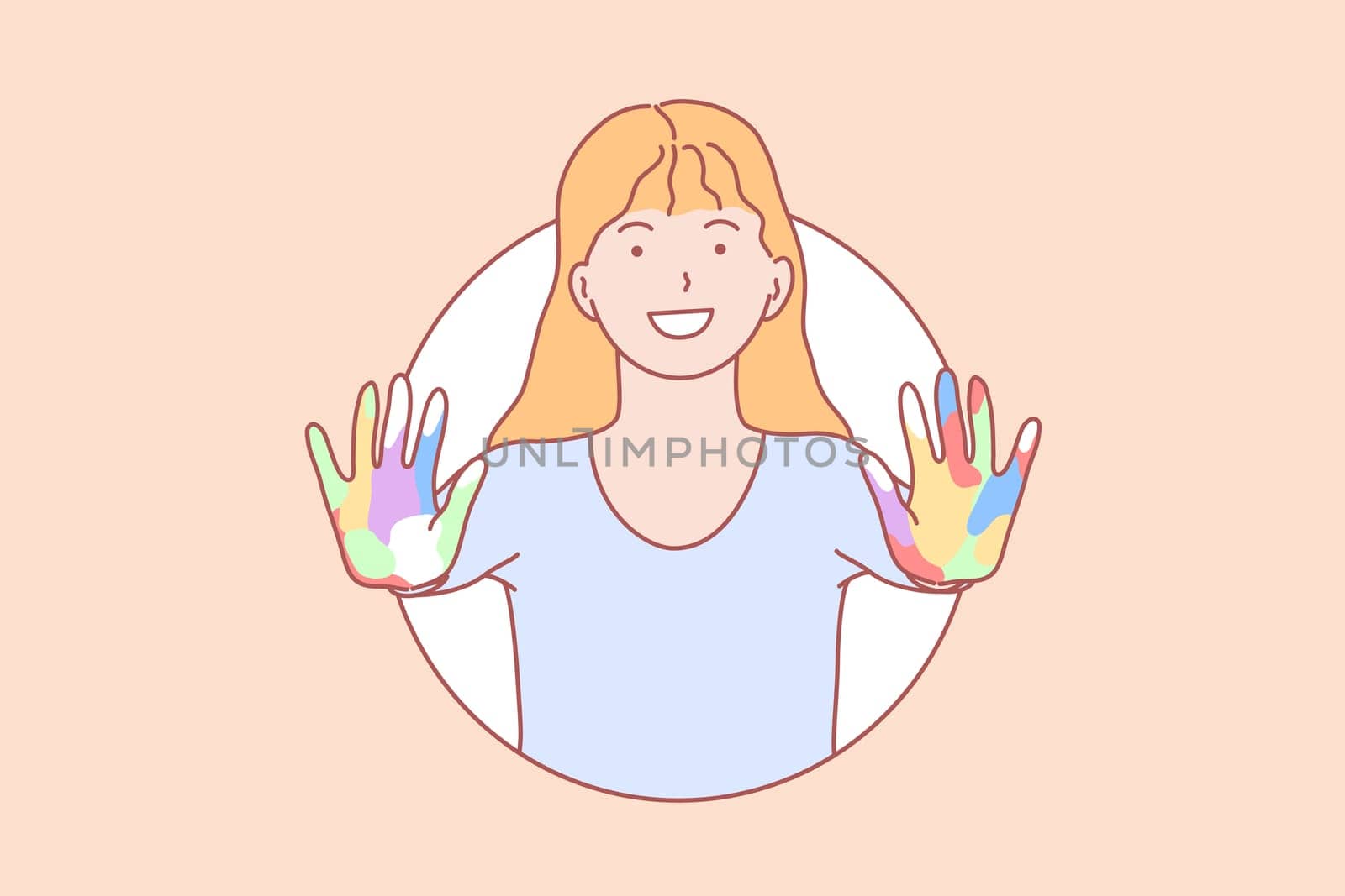Amity, learning, hands, play concept. Smiling young girl with open colorful hands. Happy schoolgirl with painted arms learning friendship play. Friendliness, integration lifestyle simple flat vector.
