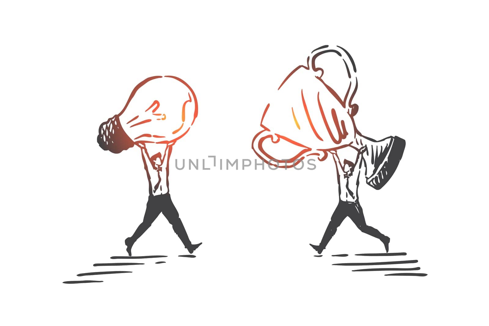Innovative idea, cooperation, overall advancement concept sketch. Business partners male characters achieving success together, businessmen winning tender. Hand drawn isolated vector