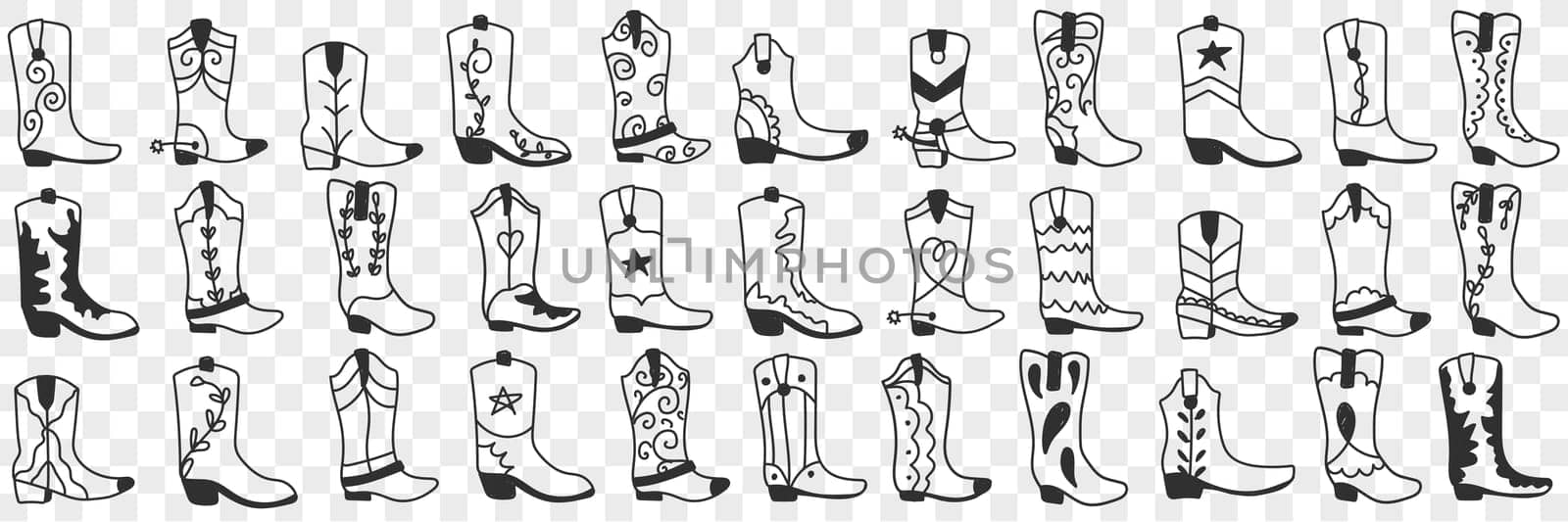 Various cowboy boots doodle set. Collection of hand drawn various high boots in cowboy style for wearing in rows isolated on transparent background