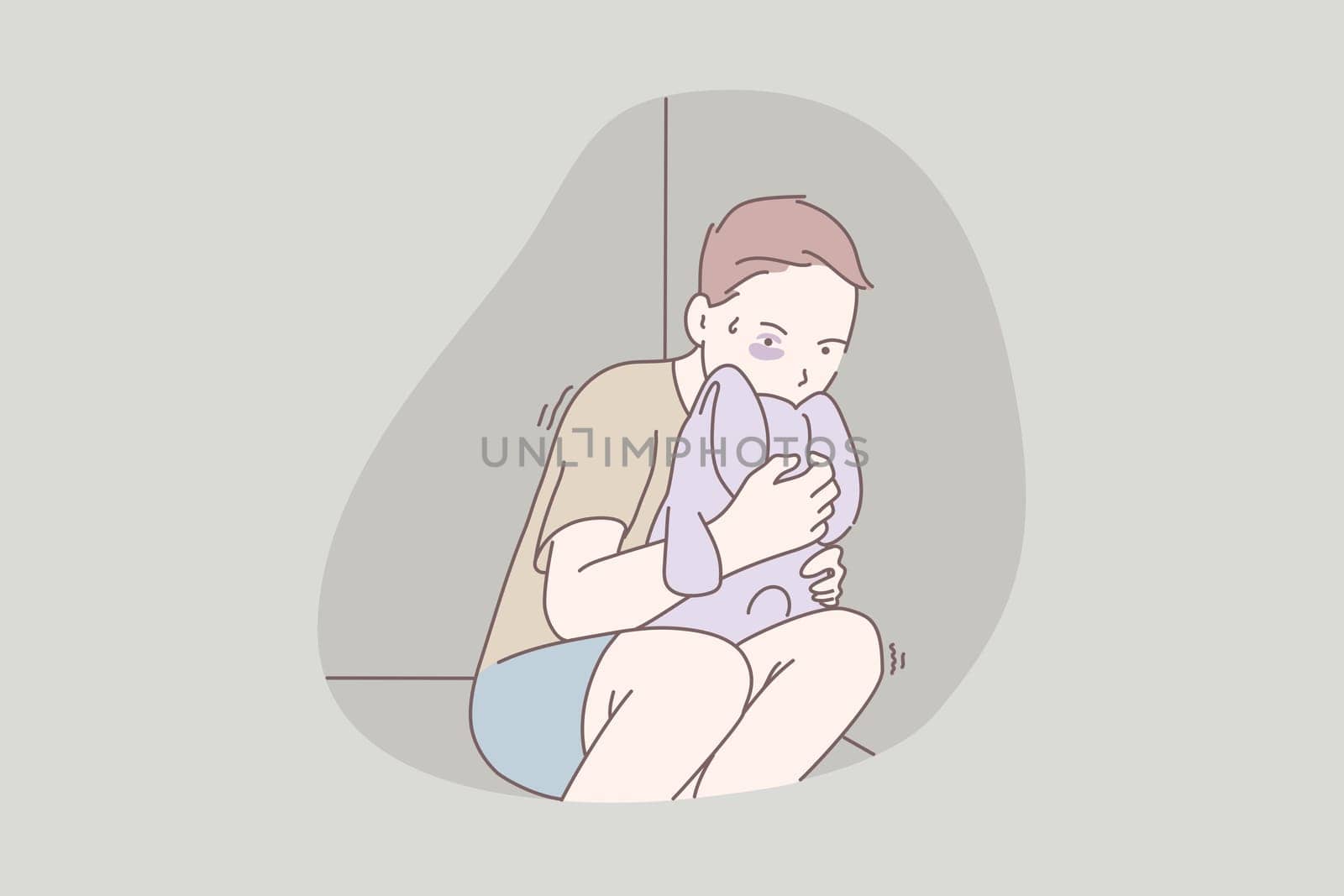 Violance, victim, stress, fear, crime, child concept. Frightened stressed beaten boy. Aggression social trouble. Victim of domestic, family violation. Unprotected children rights simple flat vector.