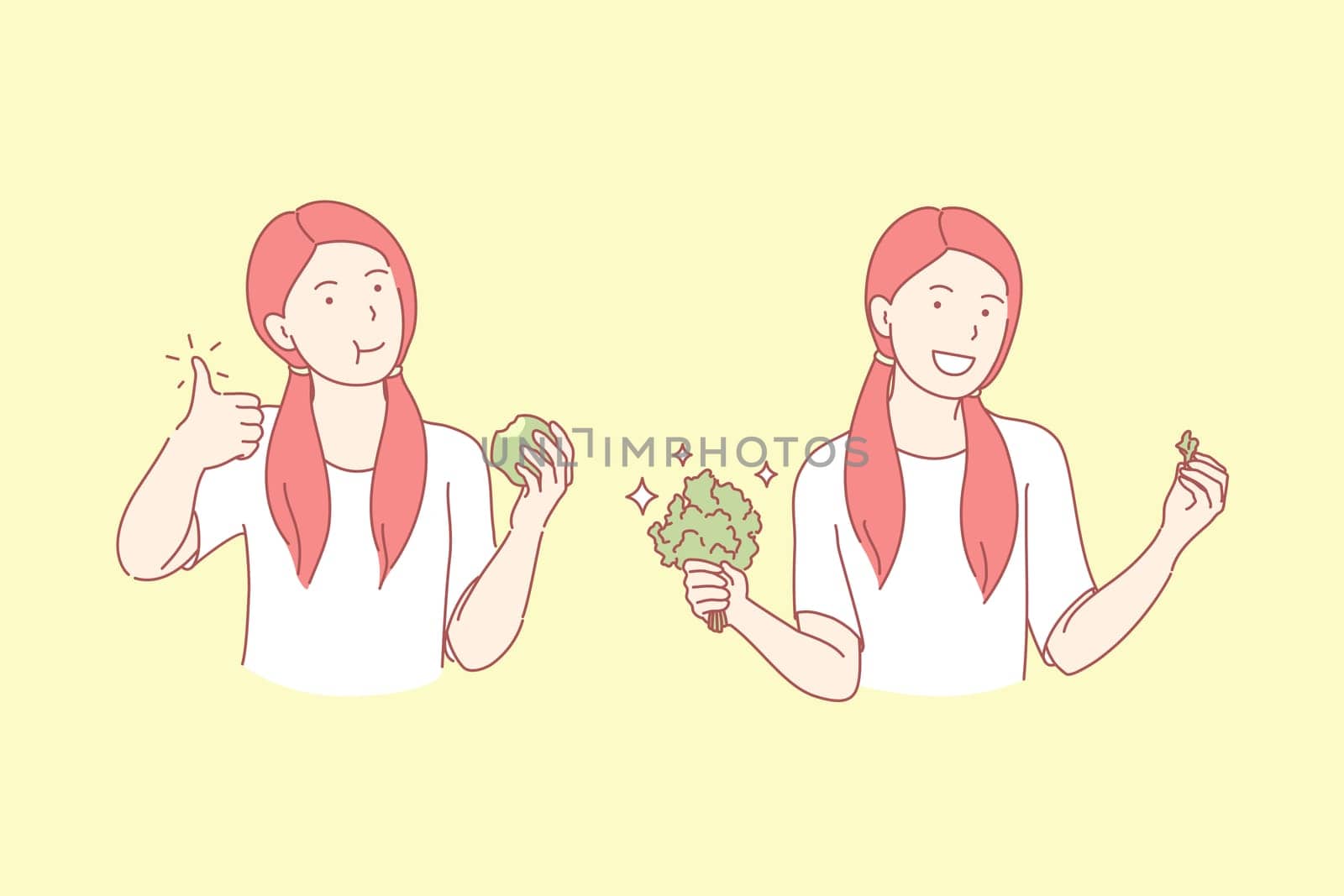 Food, vegetarian, health, fit, set concept. Pleased young happy girl eating fresh, tasty, vitamin, natural, organic frut and vegetables. Veganism. Healthy vegetarian food lifestyle. Flat simple vector