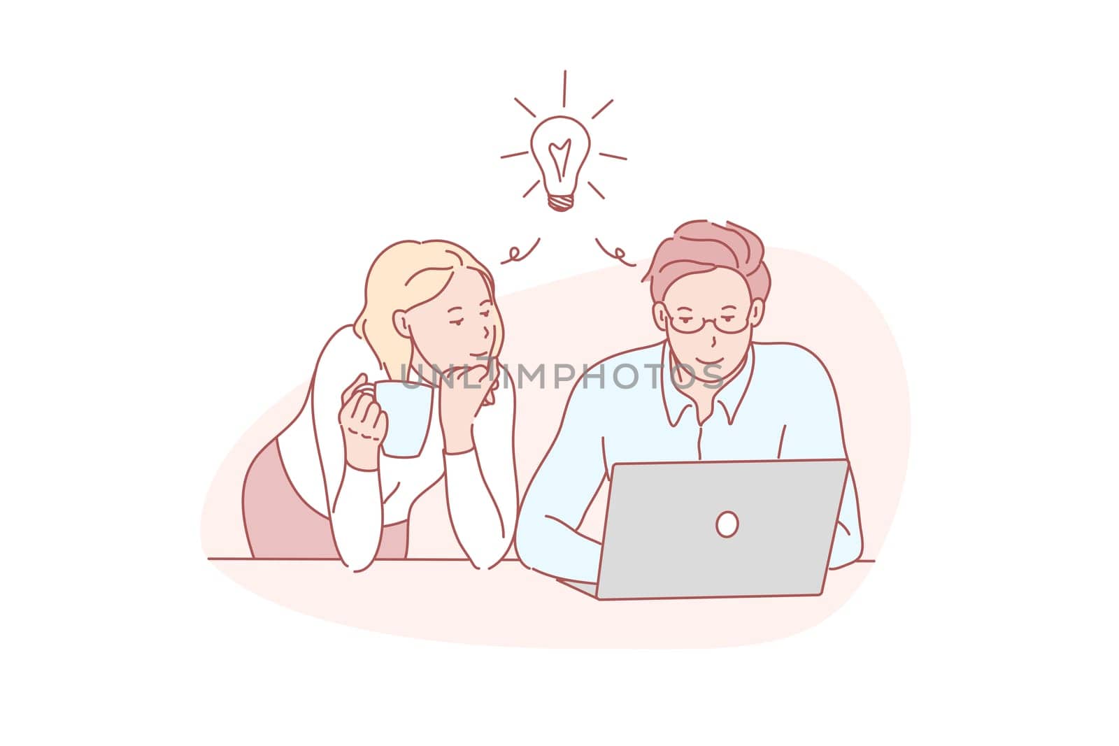 Decision, together, thinking, coworker, concept. Coworkers concentrated on business decision. Colleagues focusing on problem solving together. Common solution thought. Brainstorm simple flat vector.