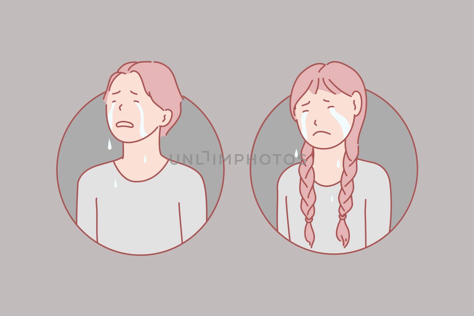 Crying, children, stress, tears concept. Crying, unhappy boy and girl show negative emotion loud. Frustrated with problem pupils in stress burst into tears. Weeping, lamenting teens simple flat vector