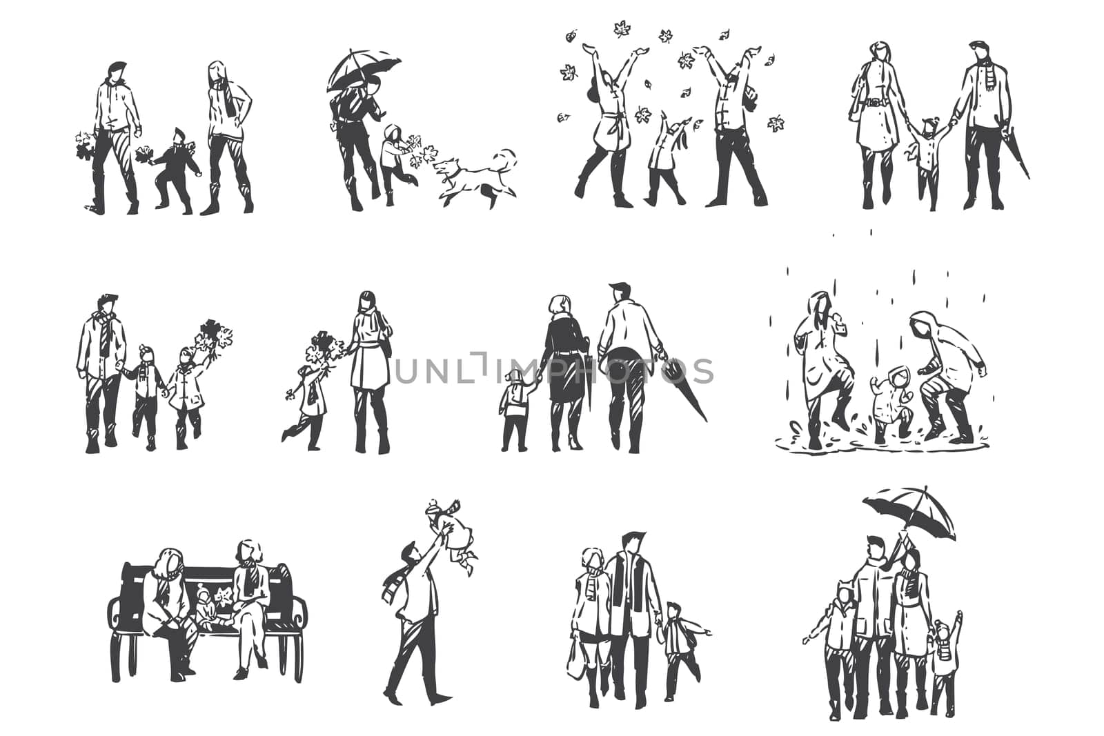 Autumn activities, people in demi-season clothes concept sketch. Rainy weather, leaf fall, family holiday in park, parents and children together on outdoor walk set. Hand drawn isolated vector