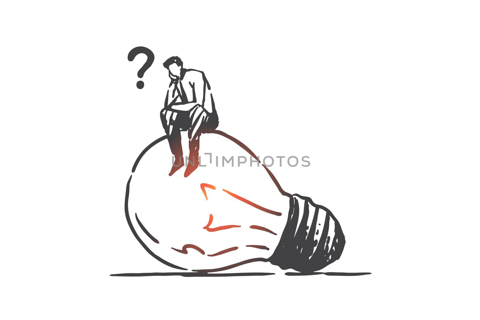 Brainstorming and idea searching, innovation concept sketch. Businessman seeking solution, entrepreneur male character thinking, strategy planning metaphor. Hand drawn isolated vector