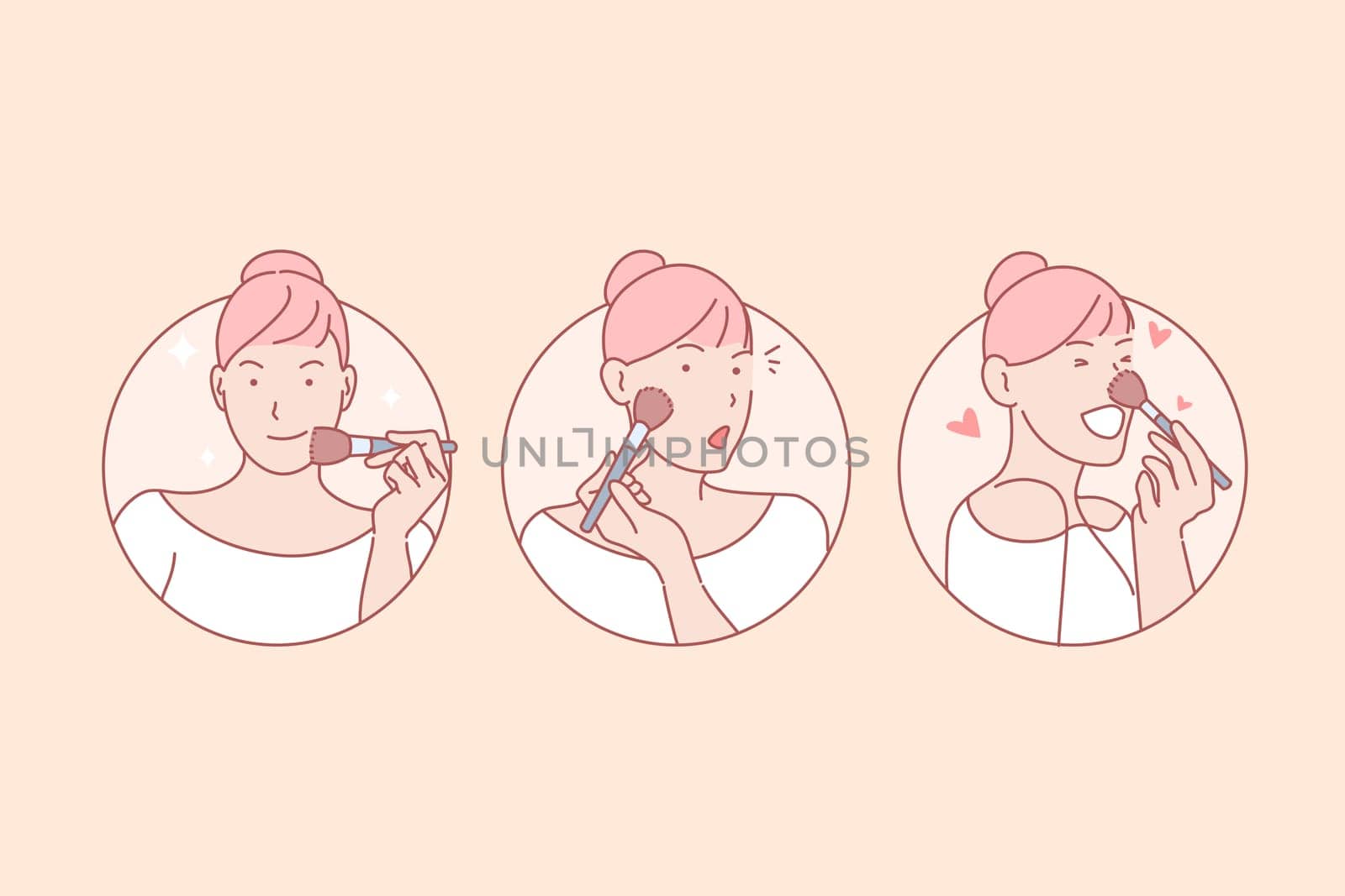 Makeup, beauty, training, blog, online, set. Young pretty woman using face cosmetics happily. Online makeup training of professional beauty blogger. Master class in beauty salon simple flat vector
