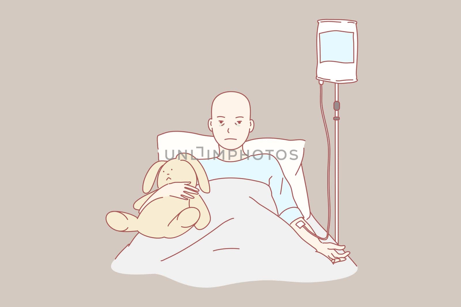 Oncology, care, childhood, clinic, health concept. Sad, suffering teen fighting with cancer. Hospital chemotherapy. Untitumor protective procedure. Child oncology medicine therapy simple flat vector.