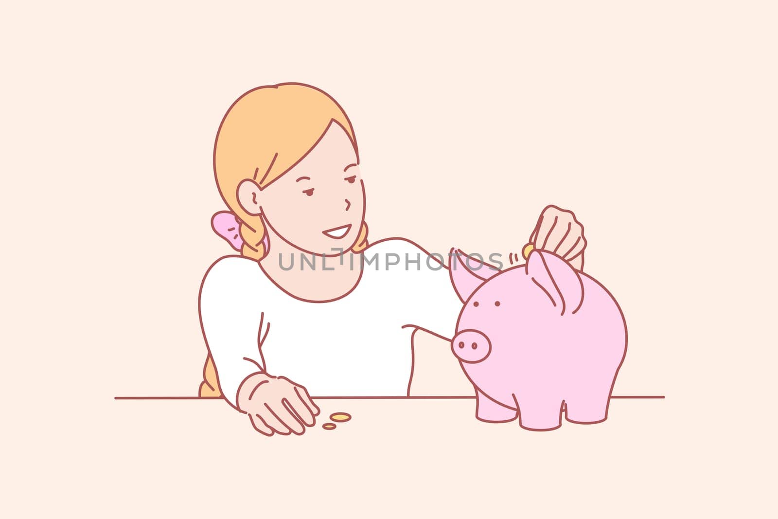 Money, savings, childhood, skill concept. Smiling little girl saving money in piggybank for shopping. Happy young lady funding future capital. Financial planning childhood education simple flat vector