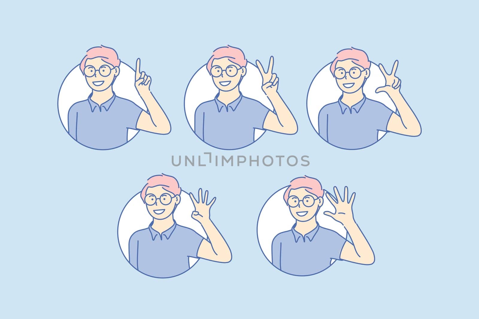 Teaching, count, basic, numbers, set. Happy, positive teen basic counting teaching with gesture. Young smiling man simple math explanation. Elementary childish math education simple flat vector.
