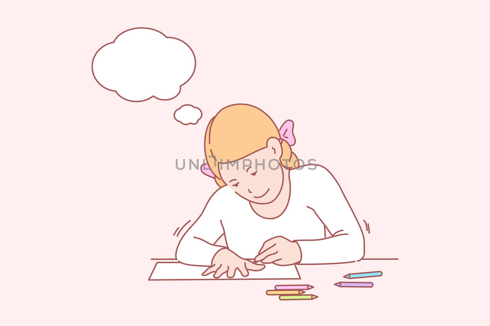 Creative, art, learning, hands, childhood, thought bubble concept. Young girl focusing on hand outlining. Inspirated learning drawing. Schoolgirl paiting creativity lifestyle simple flat vector.
