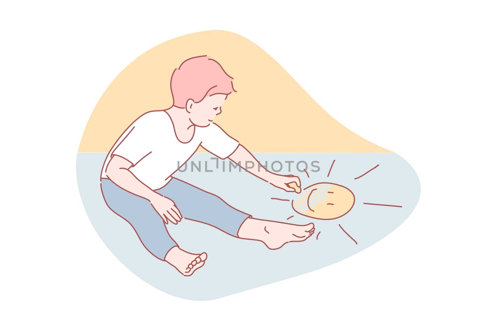 Drawing, childhood, pleasure, imagination, art concept. Happy little boy drawing with delight. Playful, creative, educational art practice in preschool. Chalking ability development simple flat vector