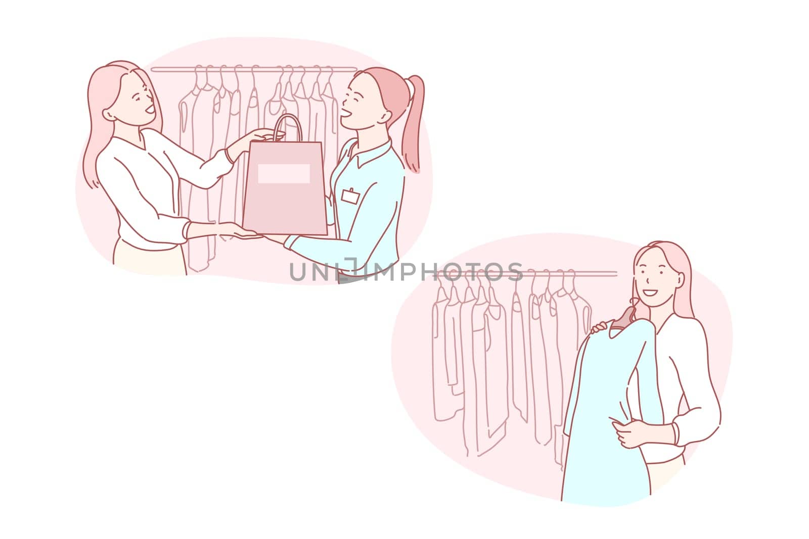 Shopping, retail, consumer, fashion, service concept. Happy buying woman trying cloth in retail. Client consult service and assistance. Shopping centre. Fashion style consumption simple flat vector