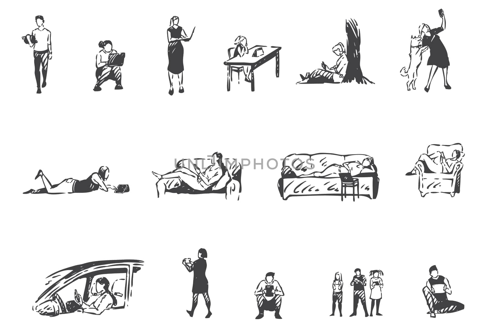 Technology addiction, people with gadgets concept sketch. Men, women and children using smartphones, laptops and tablets at home, in car and outside set. Hand drawn isolated vector