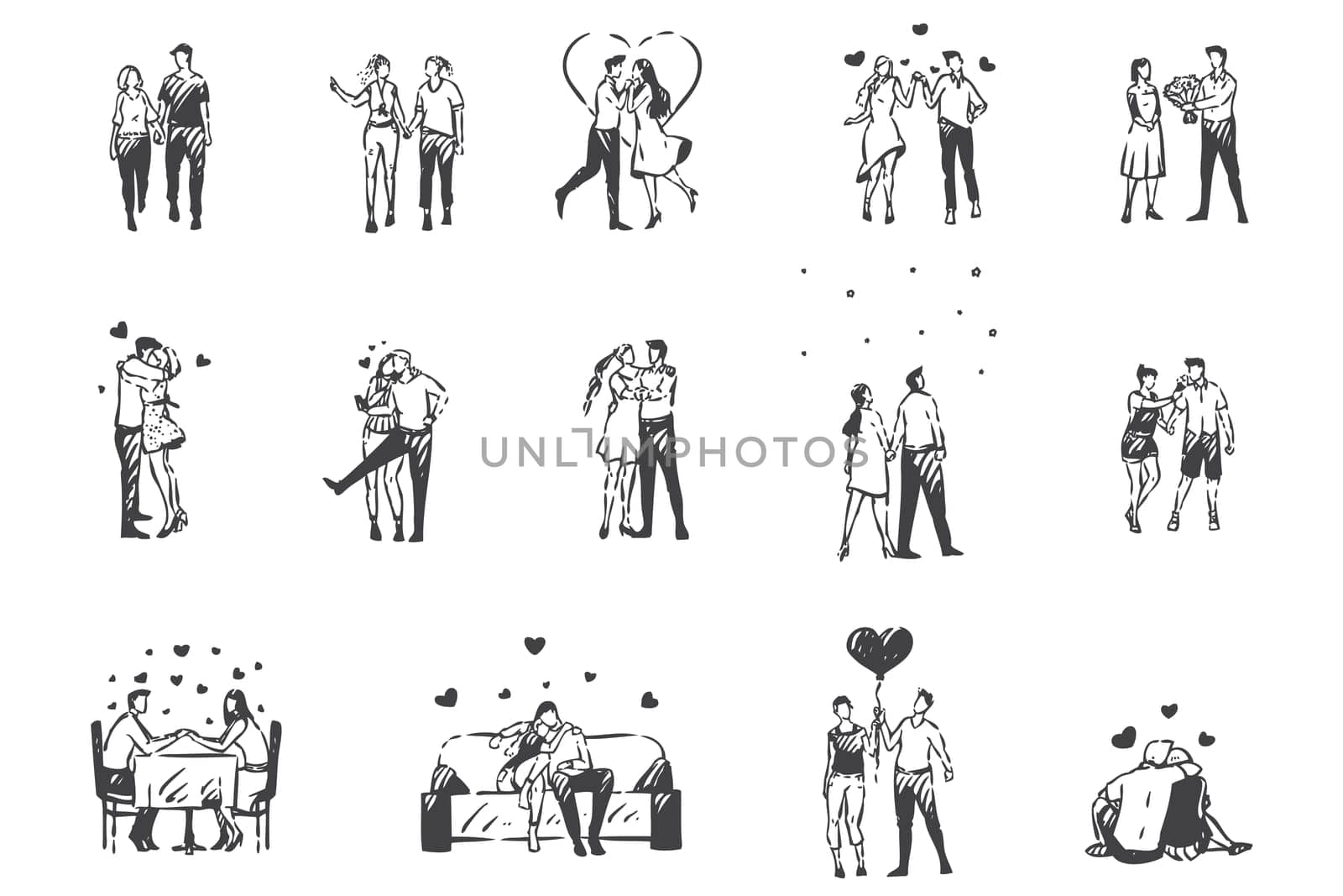 Love, enamored people concept sketch. Romantic atmosphere, Valentines Day, couples in love, lovers date, amorous men and women spending time together set. Hand drawn isolated vector