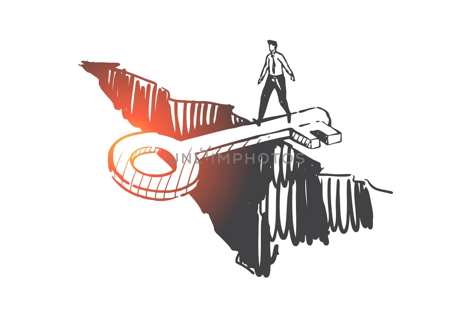 Support, help, anti crisis concept sketch. Man crossing gap on key bridge, risk management strategy, company improvement plan, safety and insurance metaphor. Hand drawn isolated vector