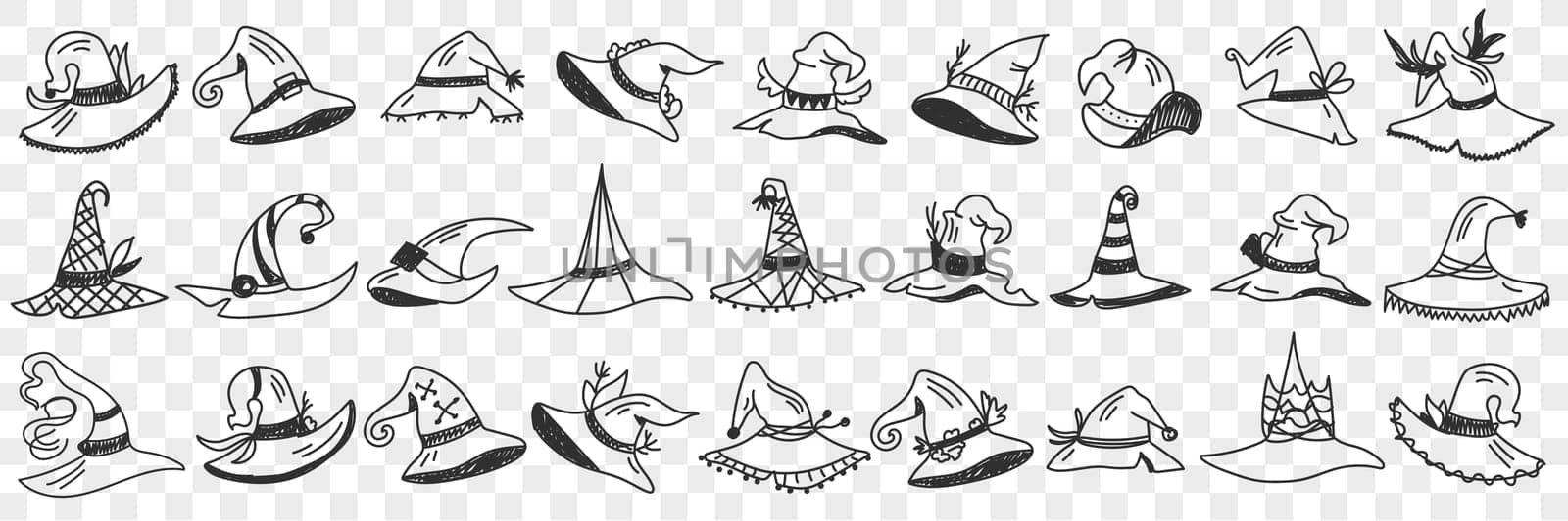 Gnome cap styles doodle set. Collection of hand drawn various shapes and designs of gnomes caps individual traditional accessories in rows isolated on transparent background