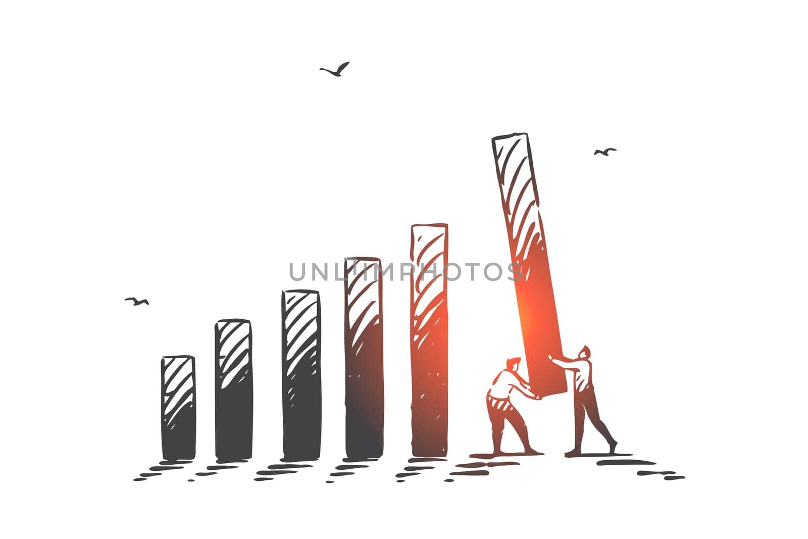 Harmonious teamwork, cooperation, business partnership concept sketch. Businessmen male characters carrying pillar together, setting record, career ladder metaphor. Hand drawn isolated vector