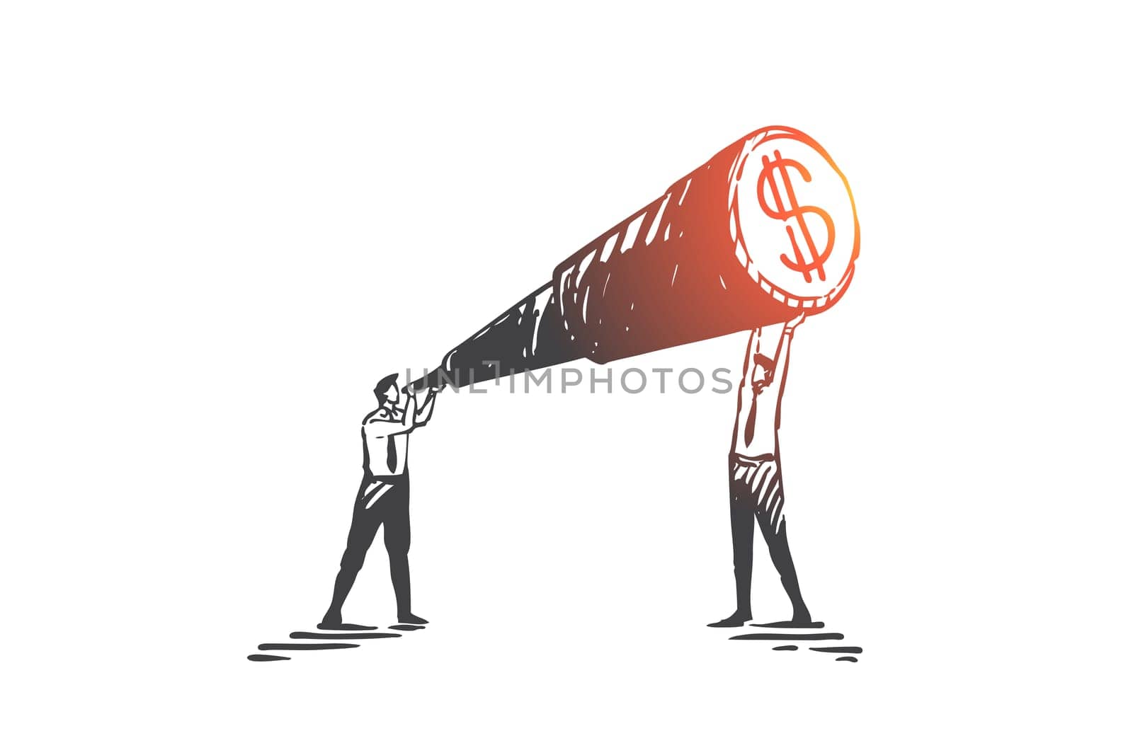 Business vision, cooperation, teamwork concept sketch. Businessmen male characters searching earning ways and investors together, harmonious work metaphor. Hand drawn isolated vector