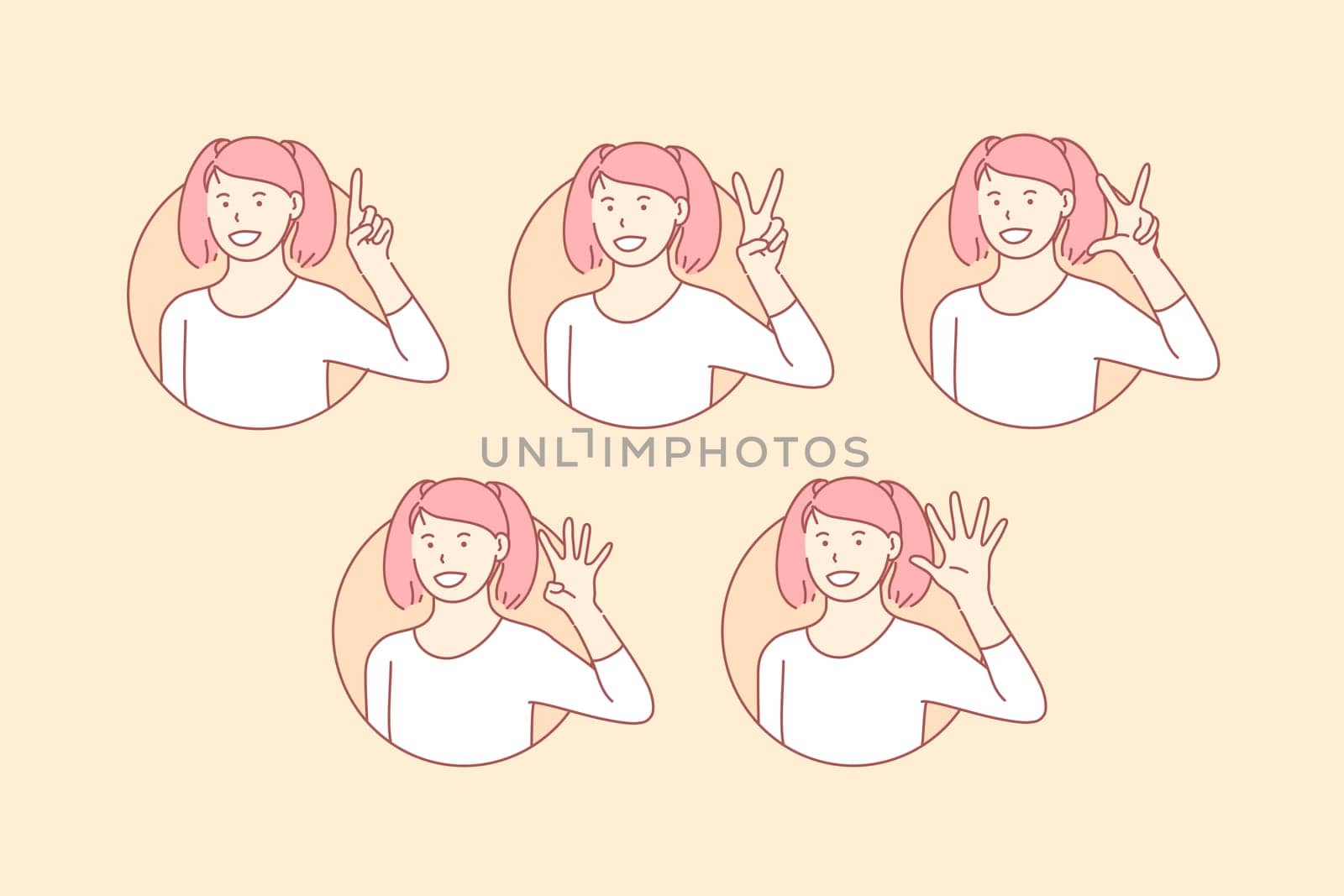 Teaching, count, basic, numbers, set. Happy, positive teenager gesture basic counting teaching. Young smiling girl simple math explanation. Elementary childish math education simple flat vector.
