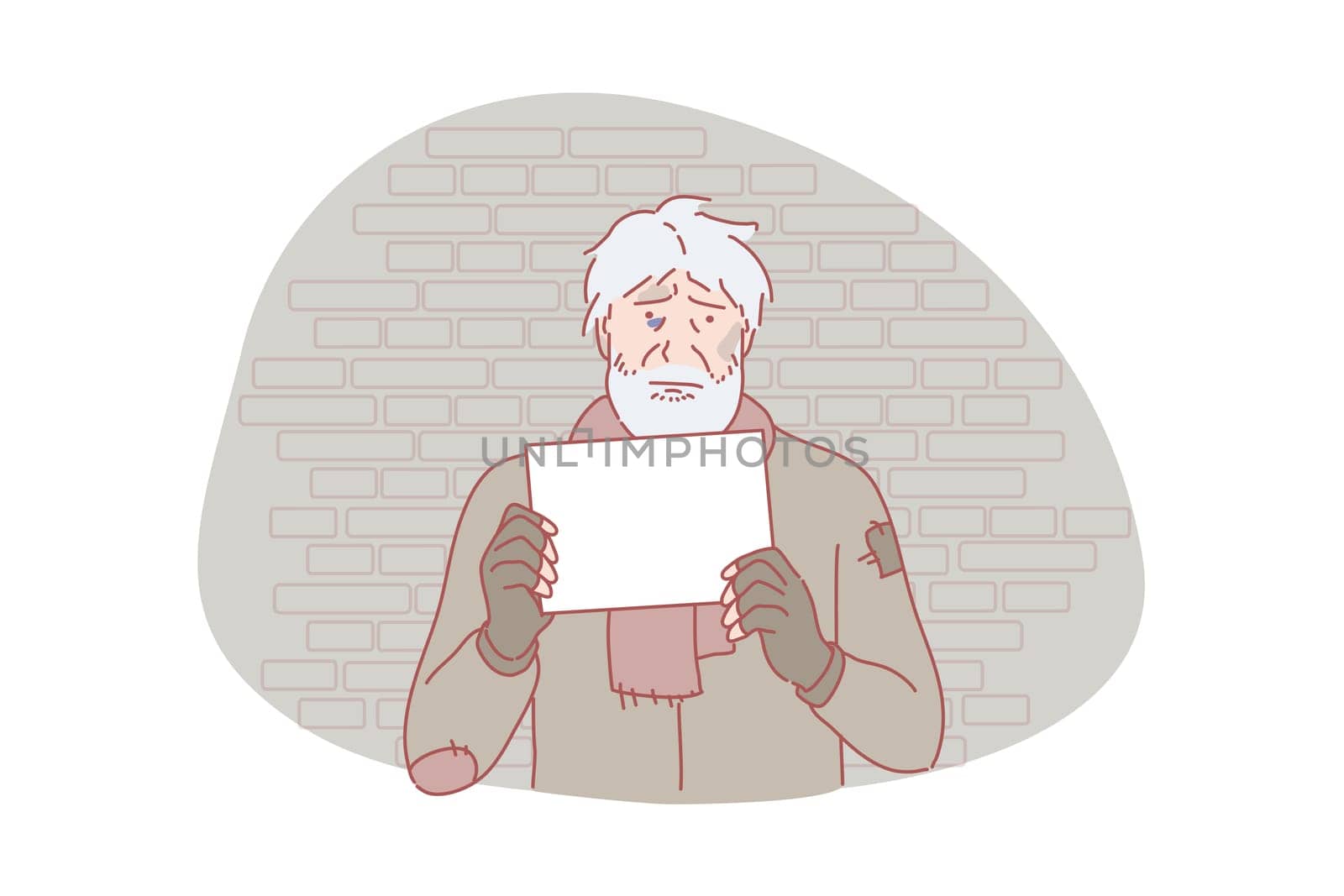 Homeless, poverty, social problem, request concept. Homeless, poor, sad man with request letter. Asking for help jobless, helpless beggar. Dispossessed lonely people social problem simple flat vector.