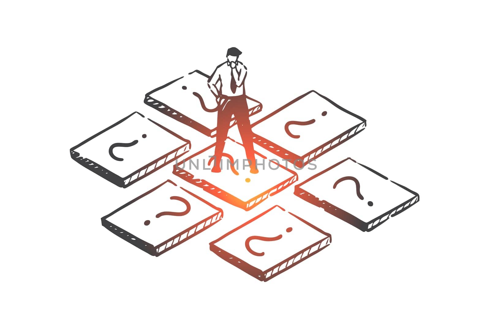 Brainstorming, choice, solution concept sketch. Businessman choosing profitable business line, entrepreneur male character seeking perspective, alternative metaphor. Hand drawn isolated vector
