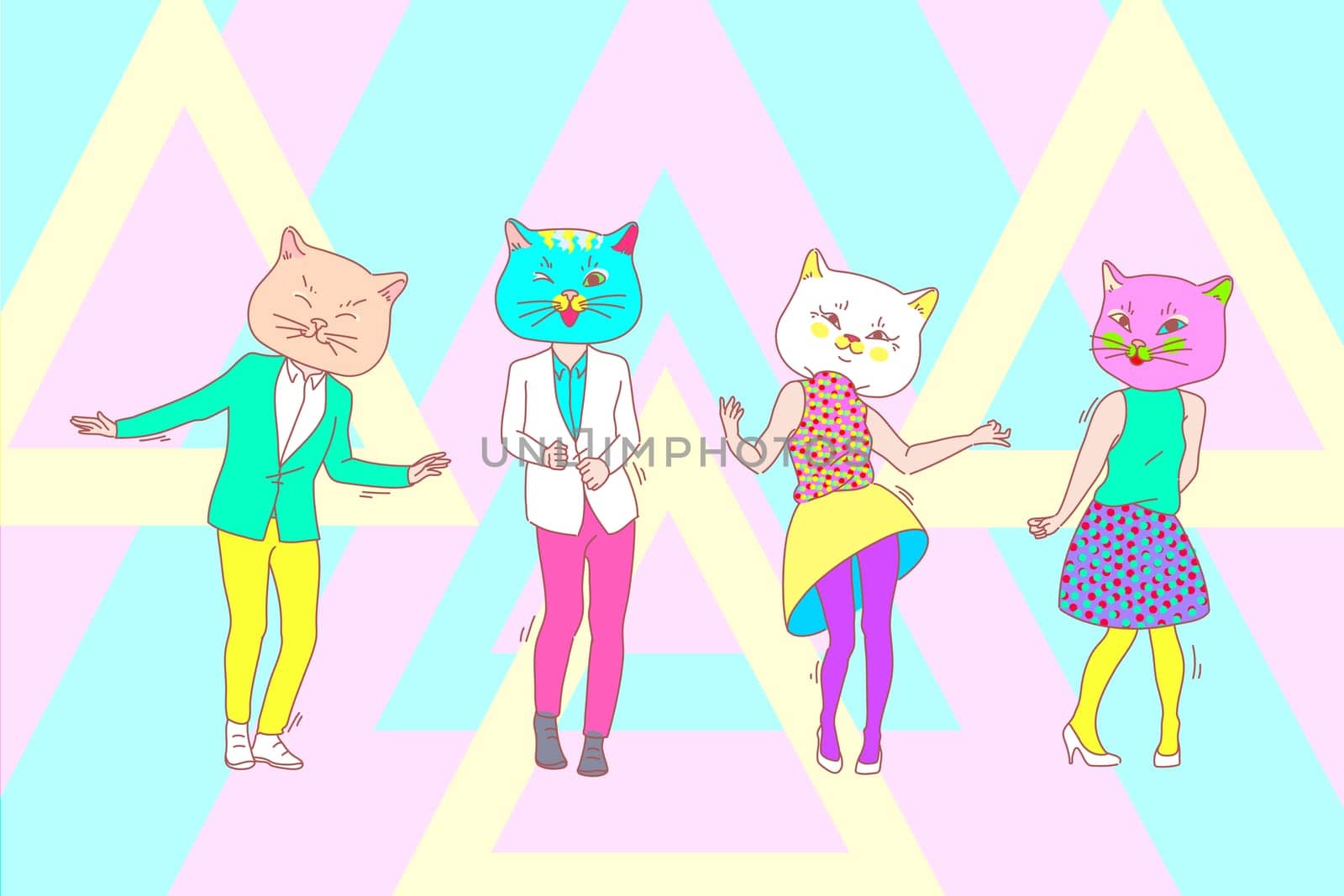Dance, party, cat mask, team concept. People dancing together in cat maque on costume party. Friends entertain in cat thematic unusual masked show. Company charade corporative. Simple flat vector.