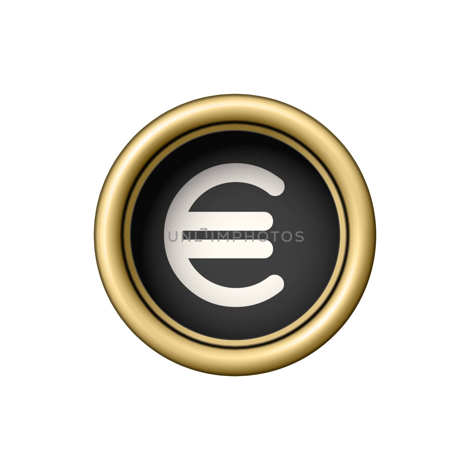 Symbol of Euro. Currency sign. Vintage golden typewriter button isolated on white background. Graphic design element for scrapbooking, sticker, web site, symbol, icon. Vector illustration.