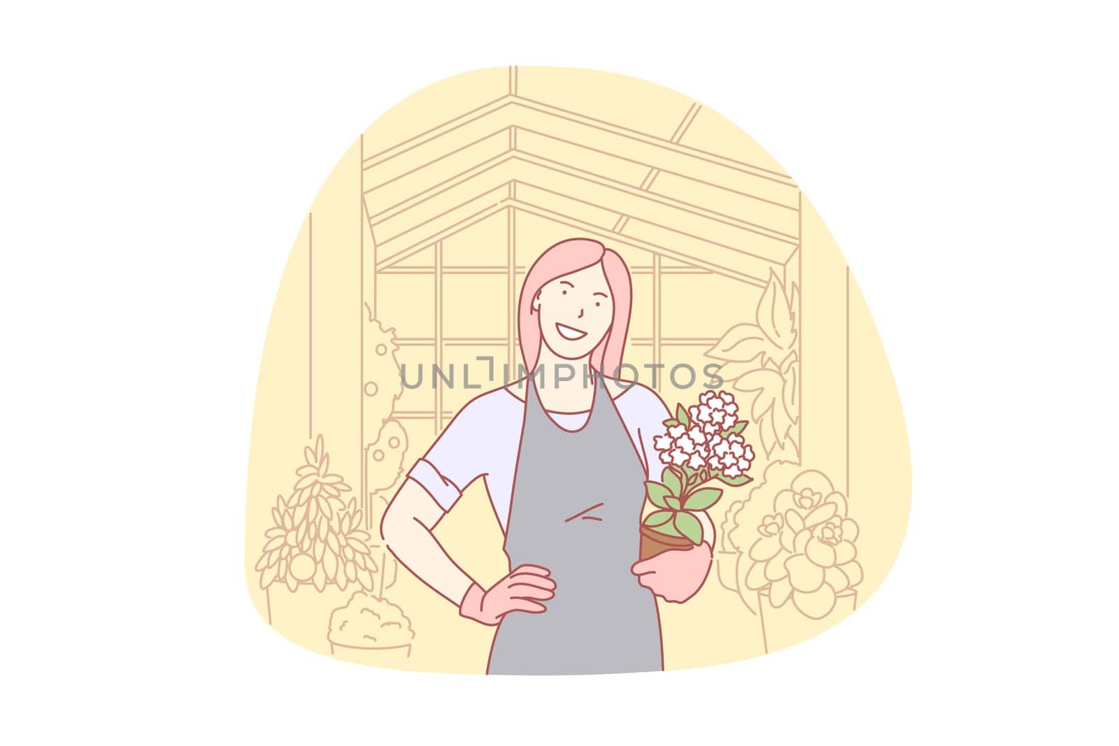 Gardening, floral, organic, business, volunteer concept. Happy woman cultivating greenhouse plants and flowers. Working floral orangery owner. Volunteer planting in organic garden simple flat vector.