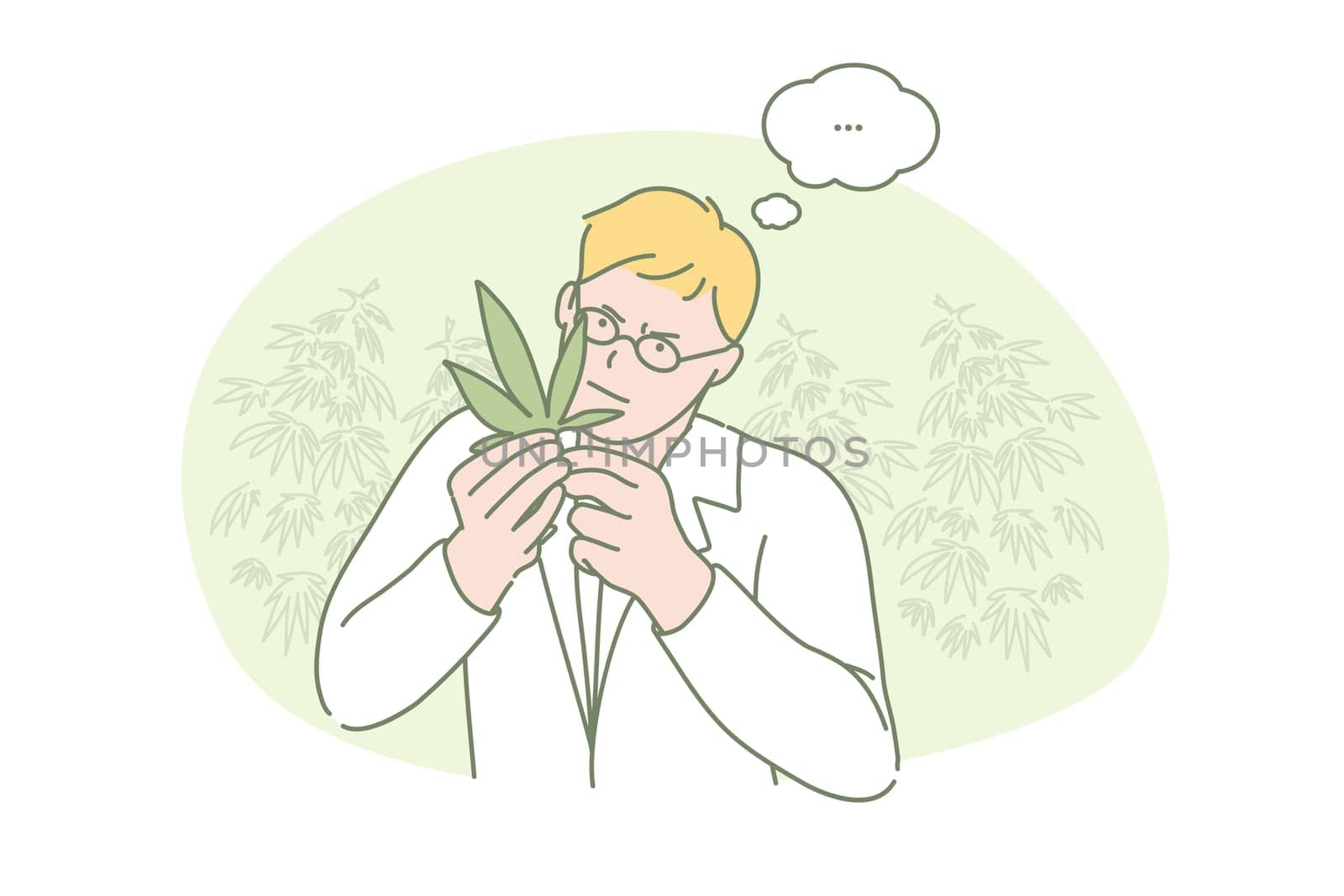 Marijuana, research, medical, science concept. Young scientist researching marihuana chemical properties. Pharmacist exploring narcotic herb. Botanist analyses plant for cultivation simple flat vector