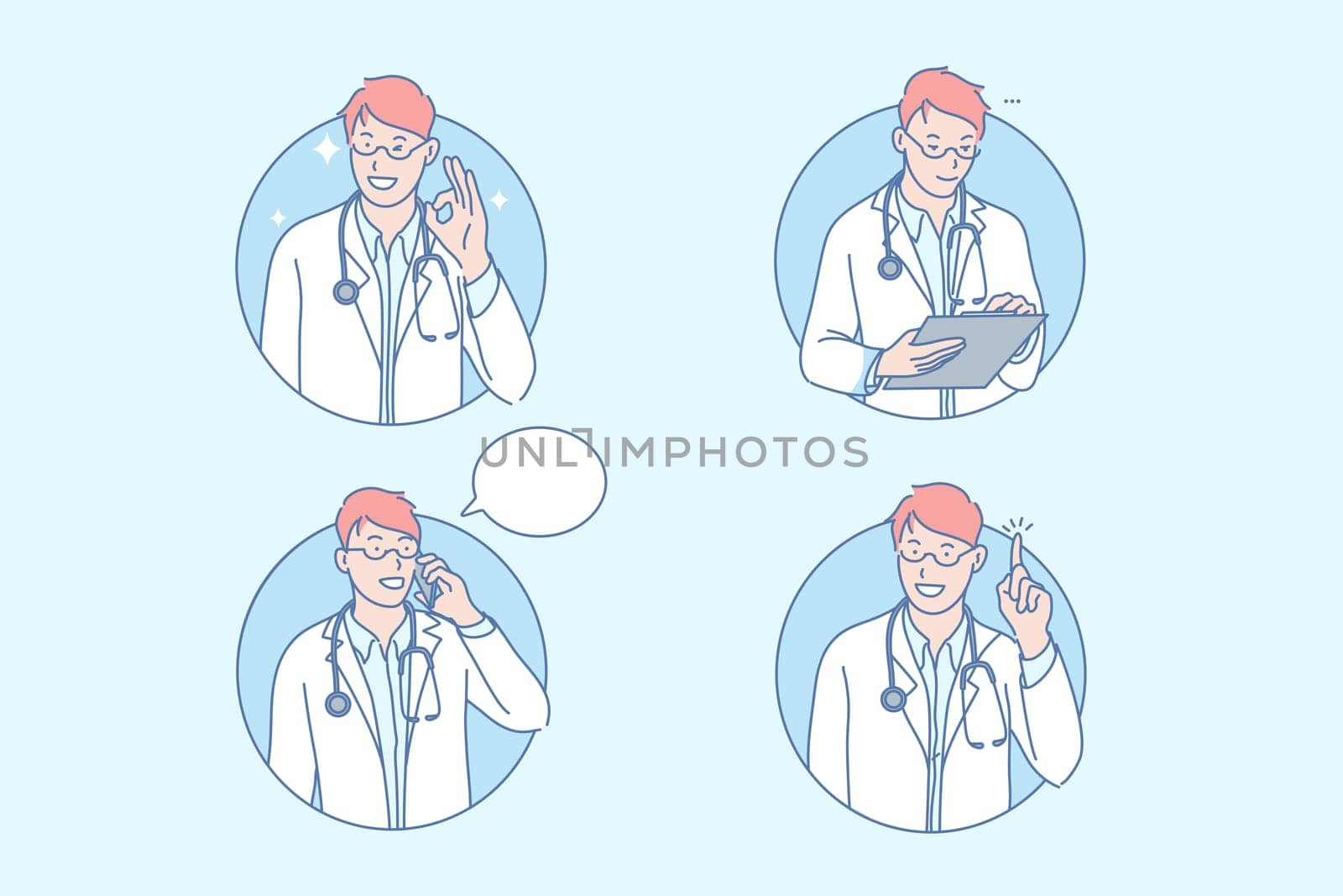 Medicine, doctor, healthcare, therapy, set. Smiling doctor analysing health status. Working therapist. Physician examination. Medicine diagnosis setting process. Hospital treatment simple flat vector.