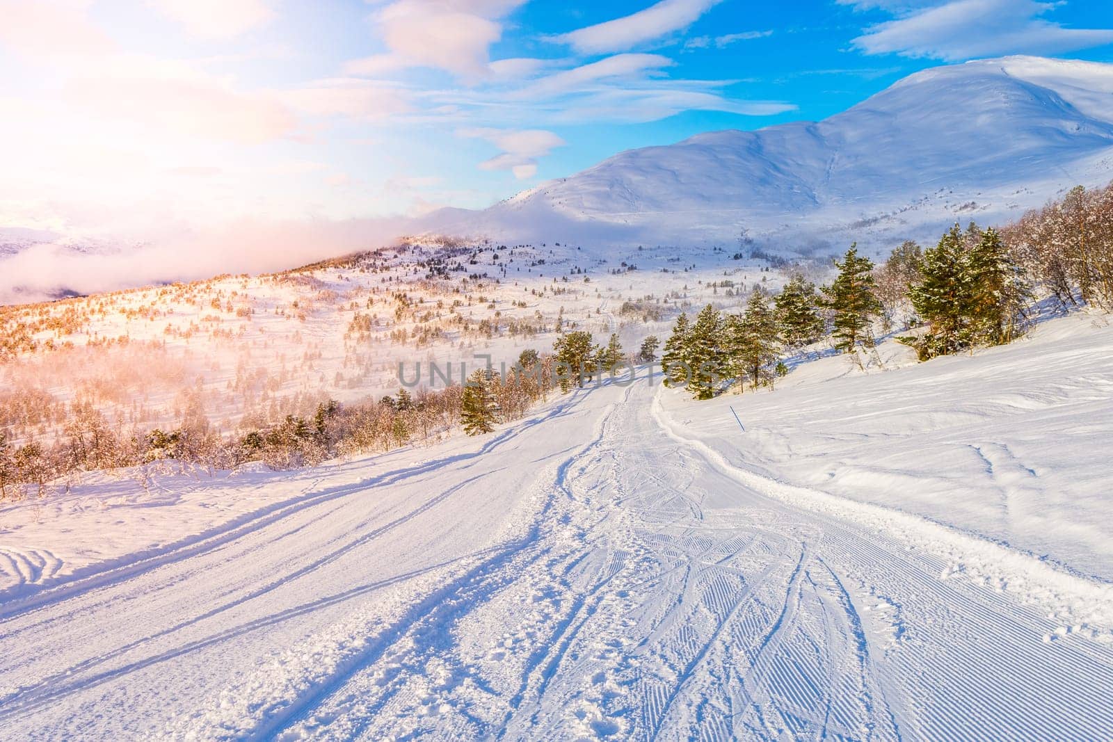 ski centre stryn at sunrise, norway