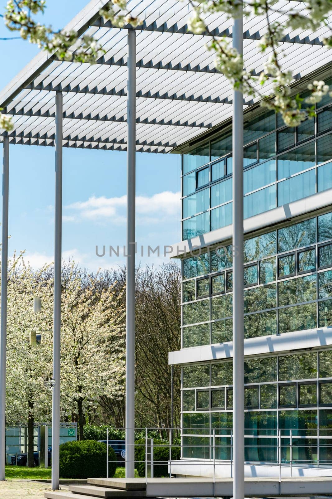 glass office building. green city.