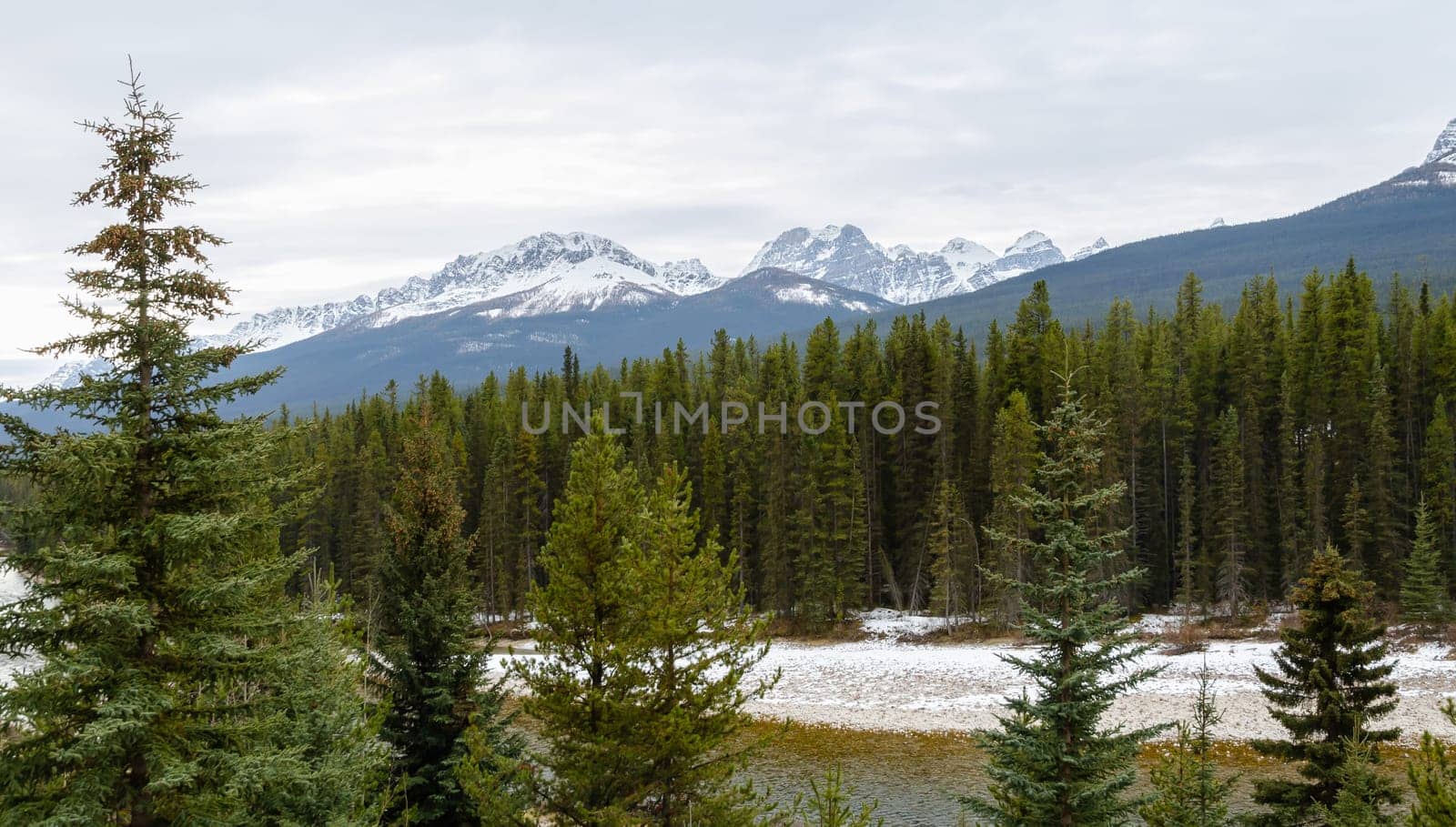 Stunning winter view of Banff National Park with Canadian Rockies mountains in Alberta, Canada