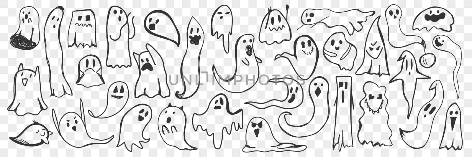 Ghost doodle set. Collection of hand drawn cute scary spooky ghosts of various shapes trying to frighten isolated on transparent background. Illustration of halloween typical costume, character
