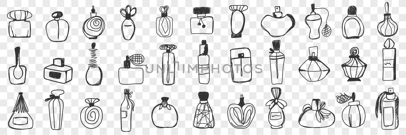 Perfume containers doodle set. Collection of hand drawn vintage stylish bottle and jars for perfume and toilet water isolated on transparent background. Illustration of glass bottles with fragrances