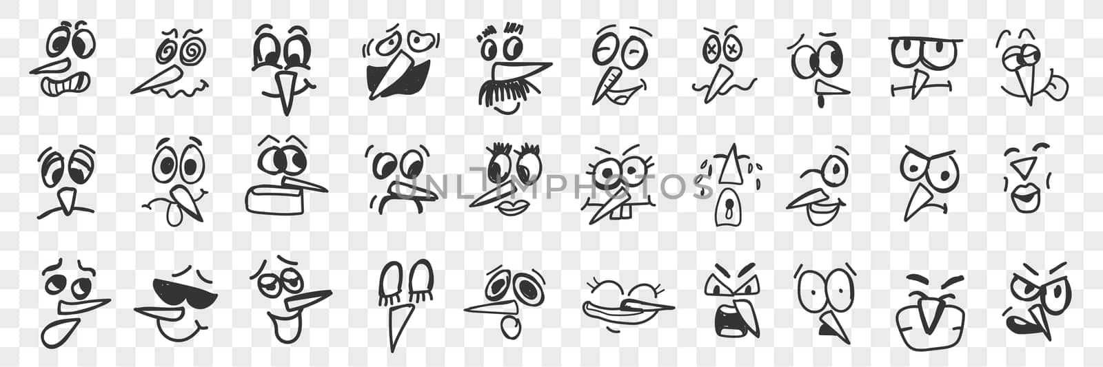 Birds face doodle set. Collection of funny hand drawn cute funny bird face with beak expressing various emotions isolated on transparent background. Illustration of smiling angry and unhappy birds
