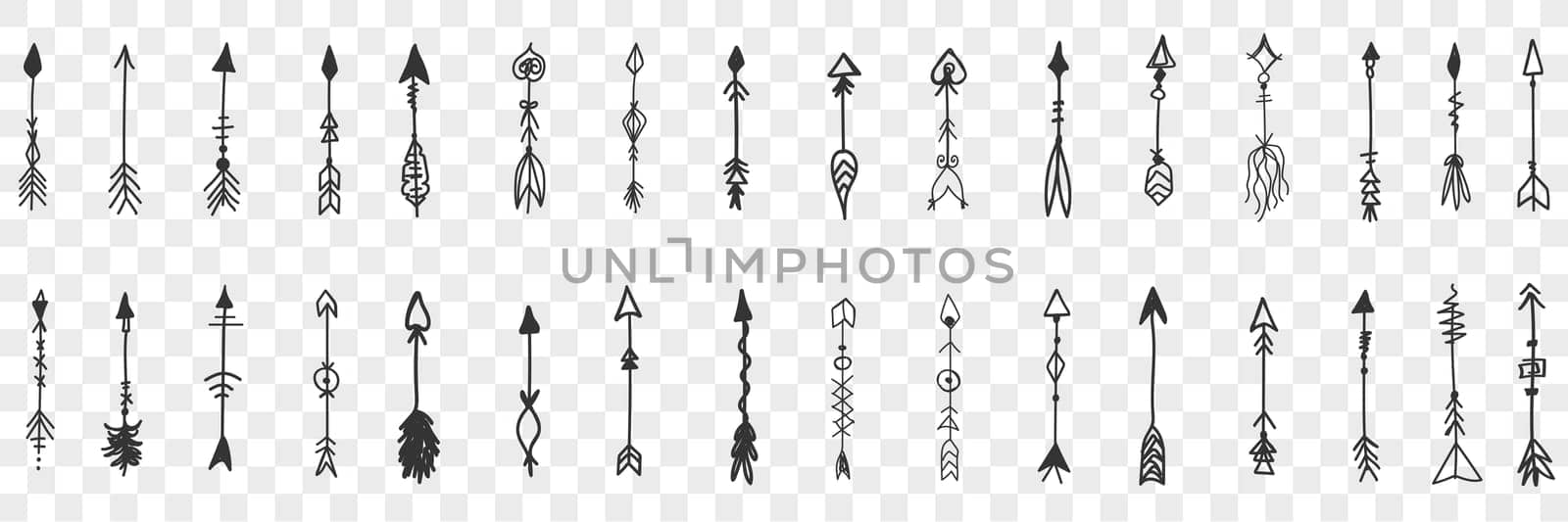 Arrows doodle set. Collection of hand drawn various elegant vintage arrow for bows isolated on transparent background. Illustration of archery and means for shooting and direction sign