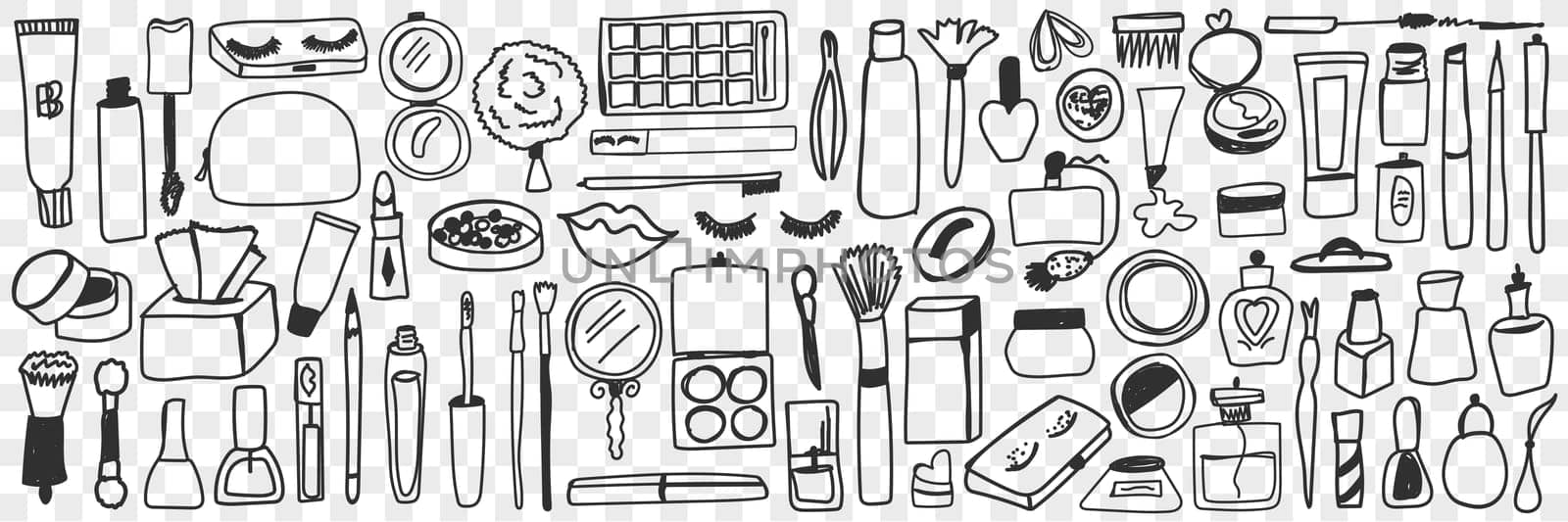Make up tools and cosmetics doodle set. Collection of hand drawn perfume, creams, mirrors, brushes, eyeshadow, mascara and nail polish isolated on transparent background. Illustration of makeup