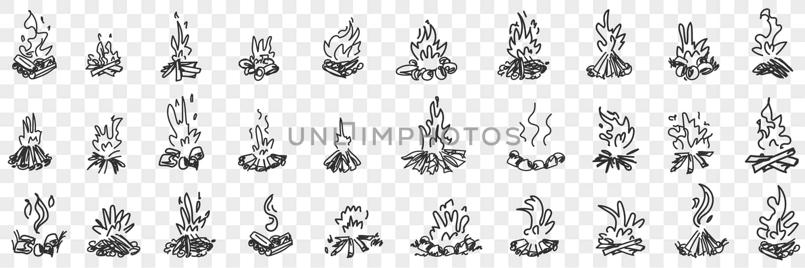 Burning fire flame doodle set. Collection of hand drawn various burning natural flame bonfire in rows isolated on transparent background