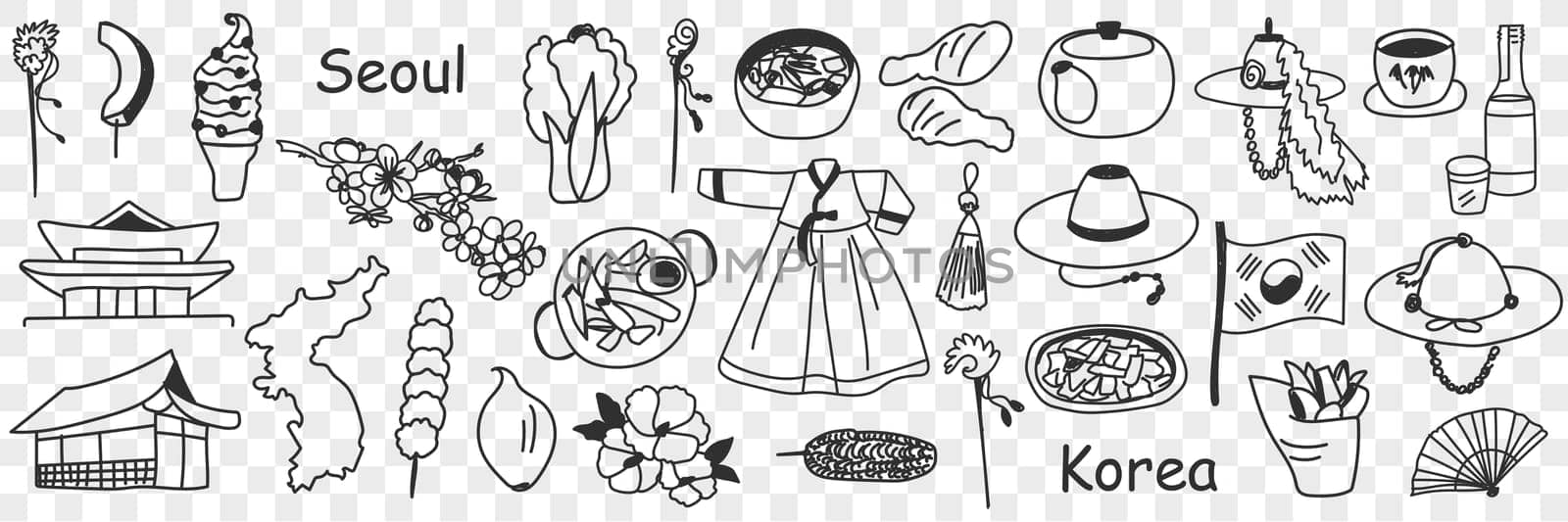 Asian korean symbols doodle set. Collection of hand drawn various traditional signs symbols of Korea for tourism in rows isolated on transparent background