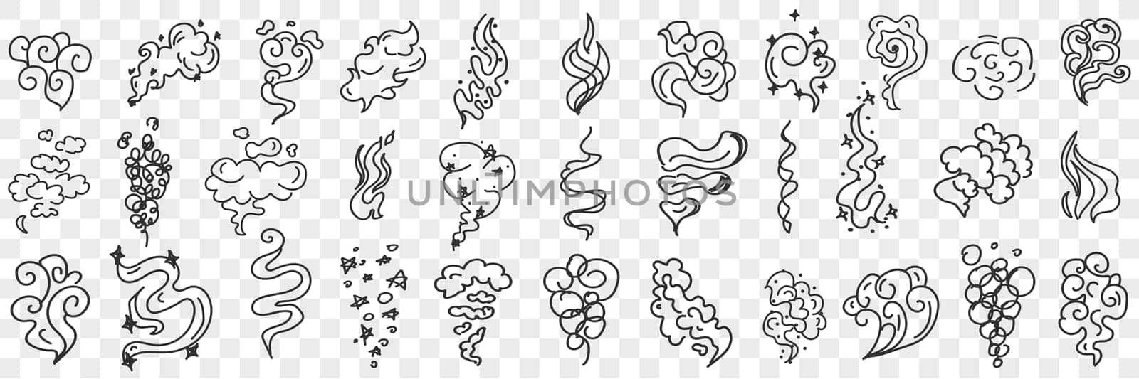 Wind and flames shapes doodle set. Collection of hand drawn various styles and shapes of star wind natural phenomena in rows isolated on transparent background