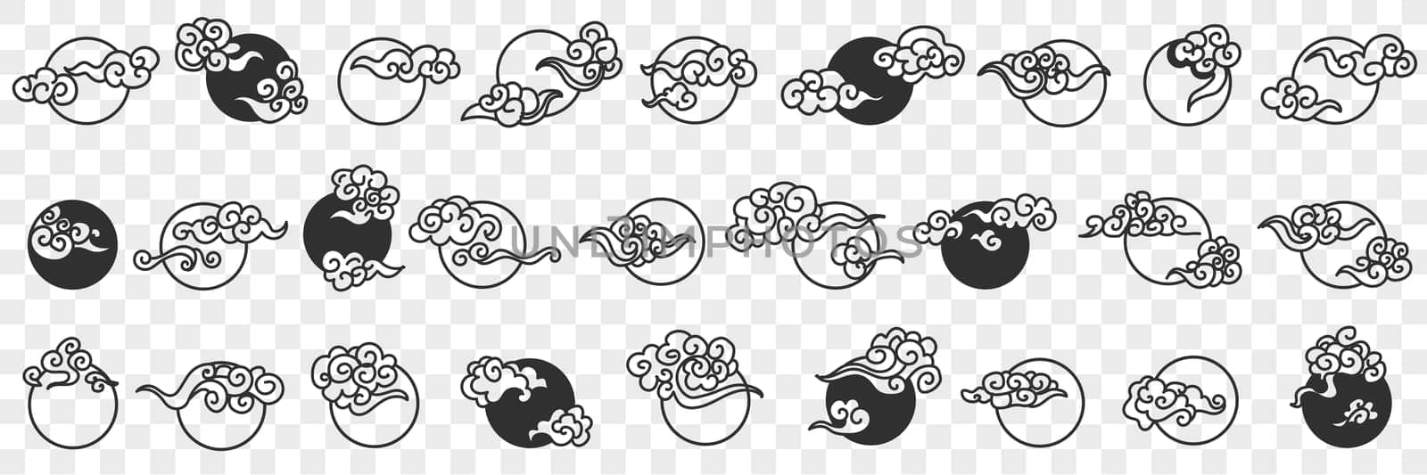 Moon with clouds doodle set. Collection of hand drawn various white and black full moon with clouds flying over in rows isolated on transparent background