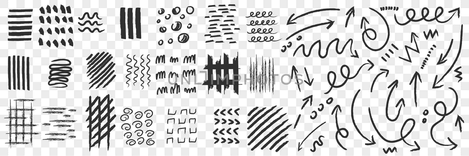 Lines and scrabbles doodle set. Collection of hand drawn various straight and curve lines in rows isolated on transparent background